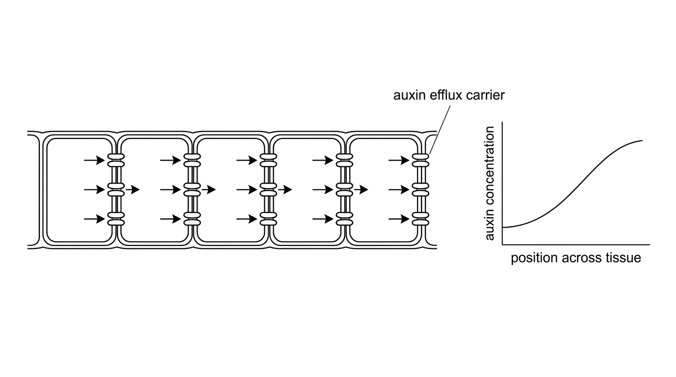 An annotated stimulus combining a row of rectangular plant cells and a small concentration profile. In the cell diagram, fluorescent auxin efflux carriers are concentrated on the same side of each plasma membrane, aligned directionally from cell to cell. Arrows show active auxin movement out of cells in the direction of carrier placement. The concentration profile shows auxin becoming higher on one side of the tissue than the other, without exact values.