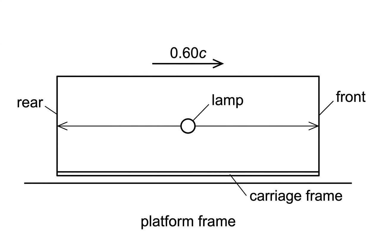 A train carriage moving to the right past a platform. A lamp is at the centre of the carriage, with light rays shown travelling toward the front and rear ends. The carriage is labelled as moving at 0.60c relative to the platform. The figure labels front, rear, lamp, carriage frame, and platform frame, without indicating which end receives light first in the platform frame.