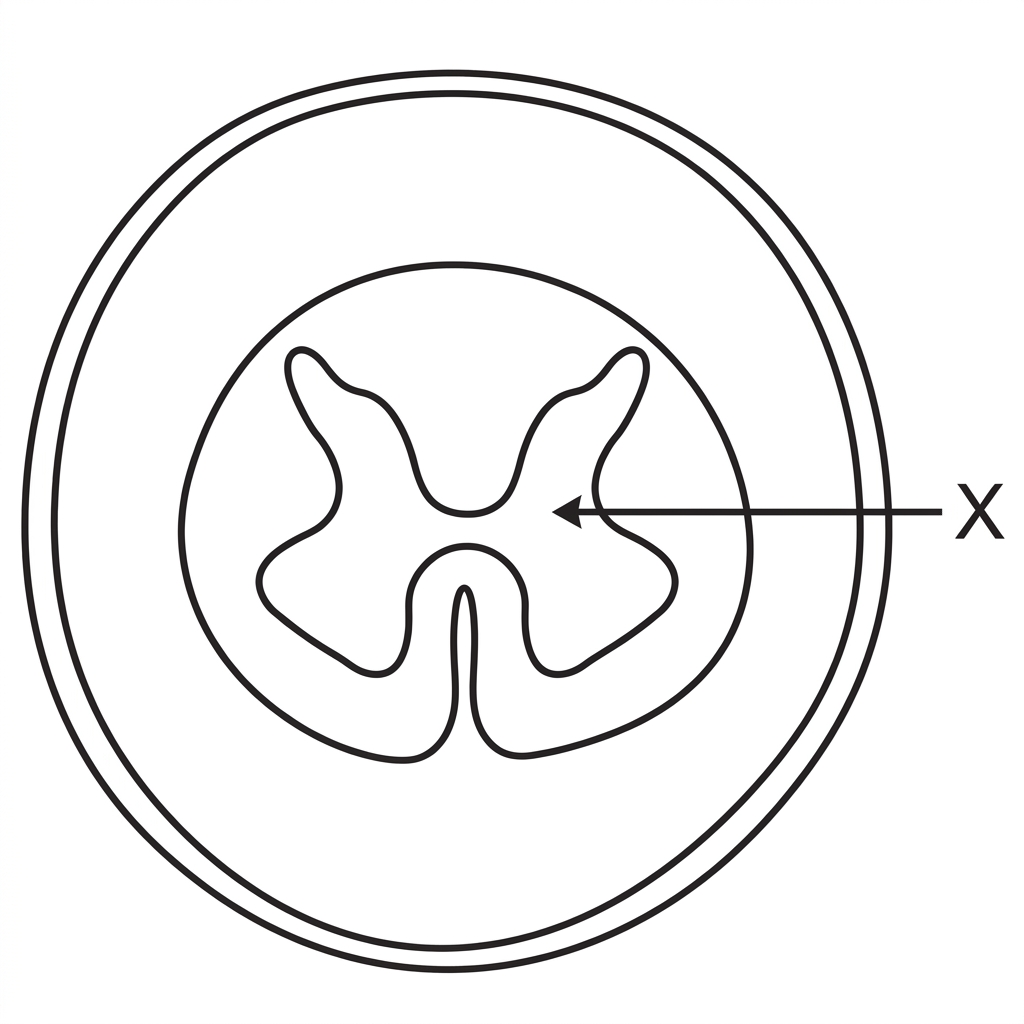A transverse section of the spinal cord within the vertebral canal, showing a central butterfly-shaped region surrounded by a lighter outer region. A single label X points to the central butterfly-shaped region. No other labels should name the tissues.