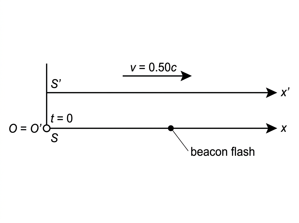 A coordinate-frame diagram showing Earth frame S and spacecraft frame S' moving to the right at 0.50c. A distant beacon flash event is marked on the positive x-axis of S. The diagram labels S, S', x, x', velocity 0.50c, and the beacon flash, without transformed values.