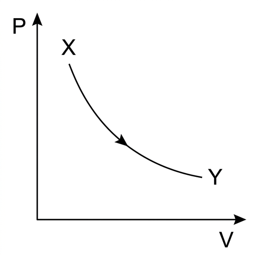 A pressure-volume graph with vertical axis labelled P and horizontal axis labelled V. State X is at relatively high pressure and small volume. A smooth decreasing curve leads down and to the right to state Y at lower pressure and larger volume. The curve stays above both axes and has the shape of an isotherm.