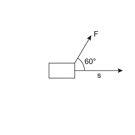 A simple diagram of a box with a horizontal displacement arrow pointing to the right. A force arrow on the box points up and to the right, making an acute angle with the displacement. The angle is labelled as sixty degrees.