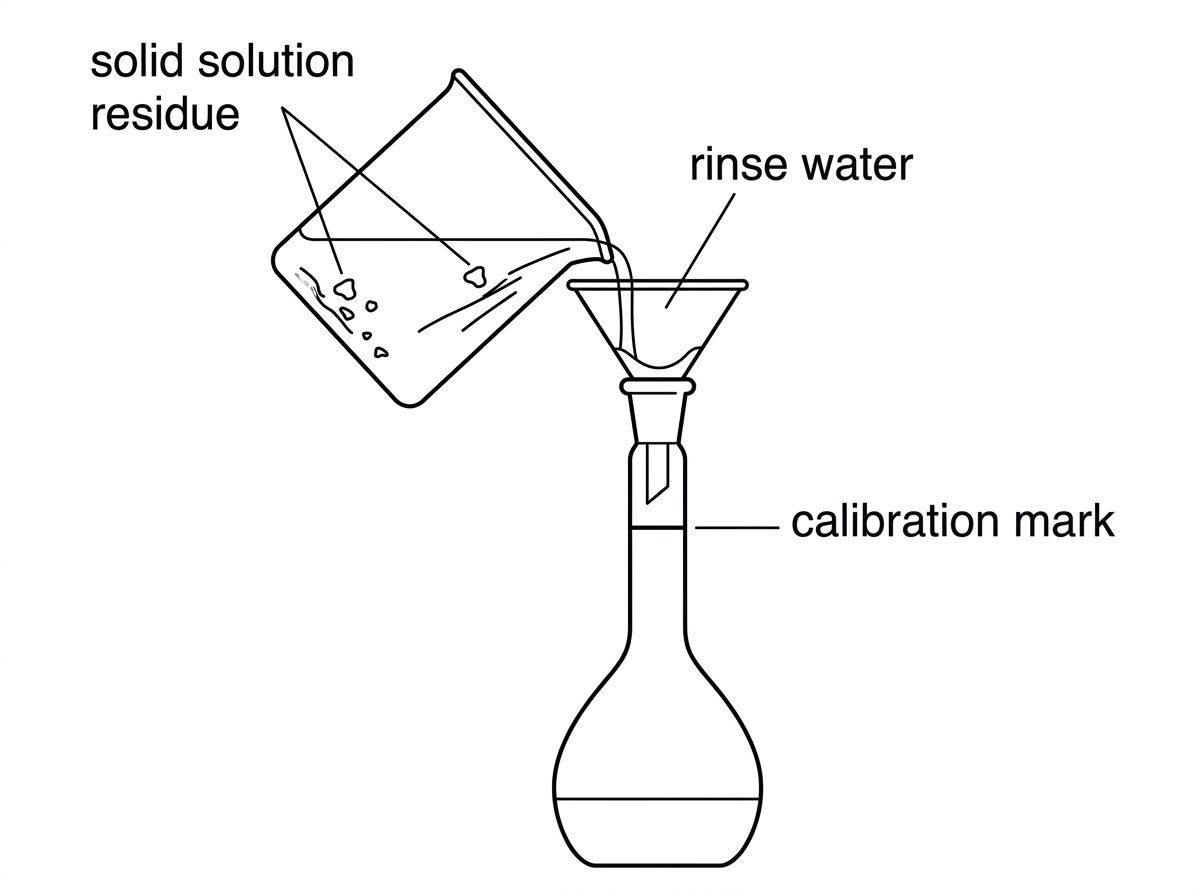 Diagram of a beaker, funnel and volumetric flask used during quantitative transfer, with labels for solid solution residue, rinse water and calibration mark.