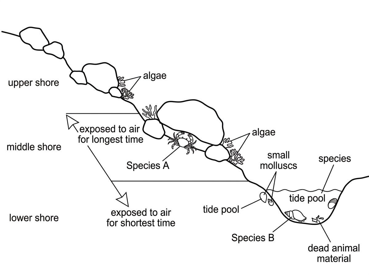 A labelled rocky shore cross-section from upper shore to lower pools, showing zones exposed to air for different lengths of time, shaded stones, tide pools, patches of algae, small molluscs and the typical positions of species A and species B. The diagram should communicate that the two species use different microhabitats and food resources without indicating the wording of the answer.