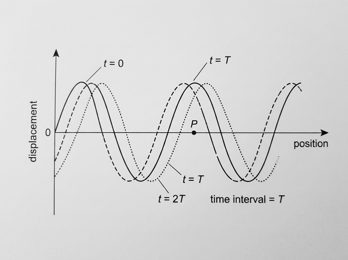 Two or three sinusoidal displacement–position curves for successive equal time intervals on the same axes, shifted horizontally. Include a labelled equilibrium position P fixed on the string. Axes labelled displacement and position; time interval indicated.