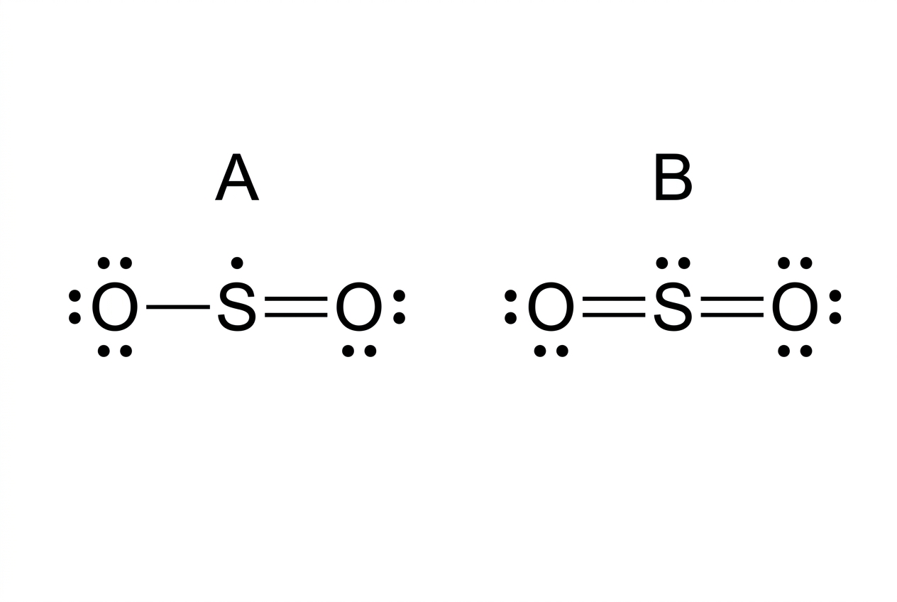 Two skeletal Lewis formula candidates for sulfur dioxide labelled A and B. Formula A shows O-S=O with the left S-O bond single and the right S=O bond double; lone pairs are indicated sufficiently for formal charge calculation. Formula B shows O=S=O with two double bonds, one lone pair on sulfur, and lone pairs on both oxygen atoms; sulfur has an expanded octet (10 electrons total). Formal charges are not shown.