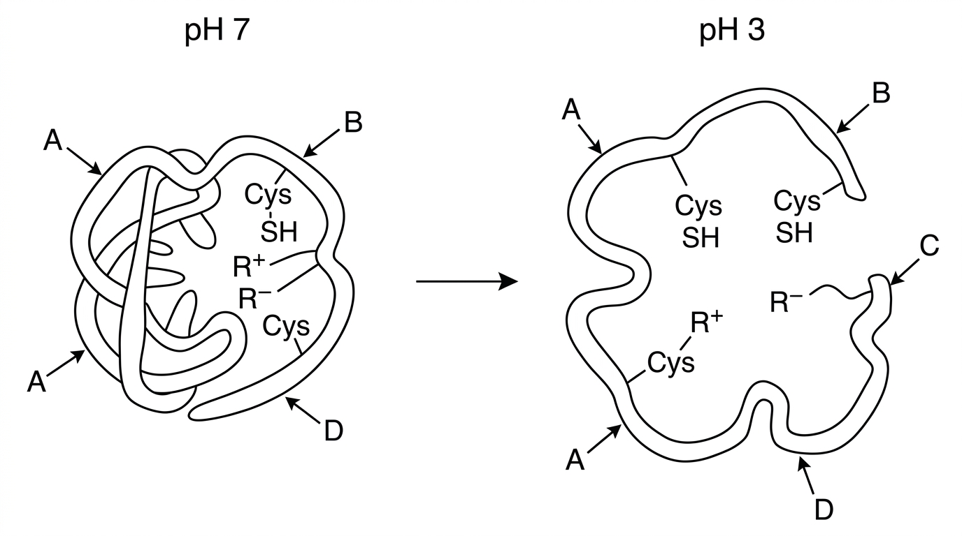 A schematic of a folded single polypeptide before and after exposure to acidic pH. The first diagram shows a compact folded enzyme with labelled regions A, B, C and D close together, including two cysteine residues, oppositely charged R-groups and non-polar patches. The second diagram shows a changed conformation with some regions separated. The diagram does not label the types of bonds or interactions.