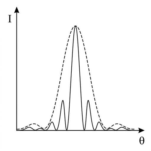 A graph of intensity against angular position. Show a dashed original single-slit pattern with a central maximum and weak side maxima. Superimpose a solid new pattern with a taller, narrower central maximum and closer first minima than the dashed pattern.