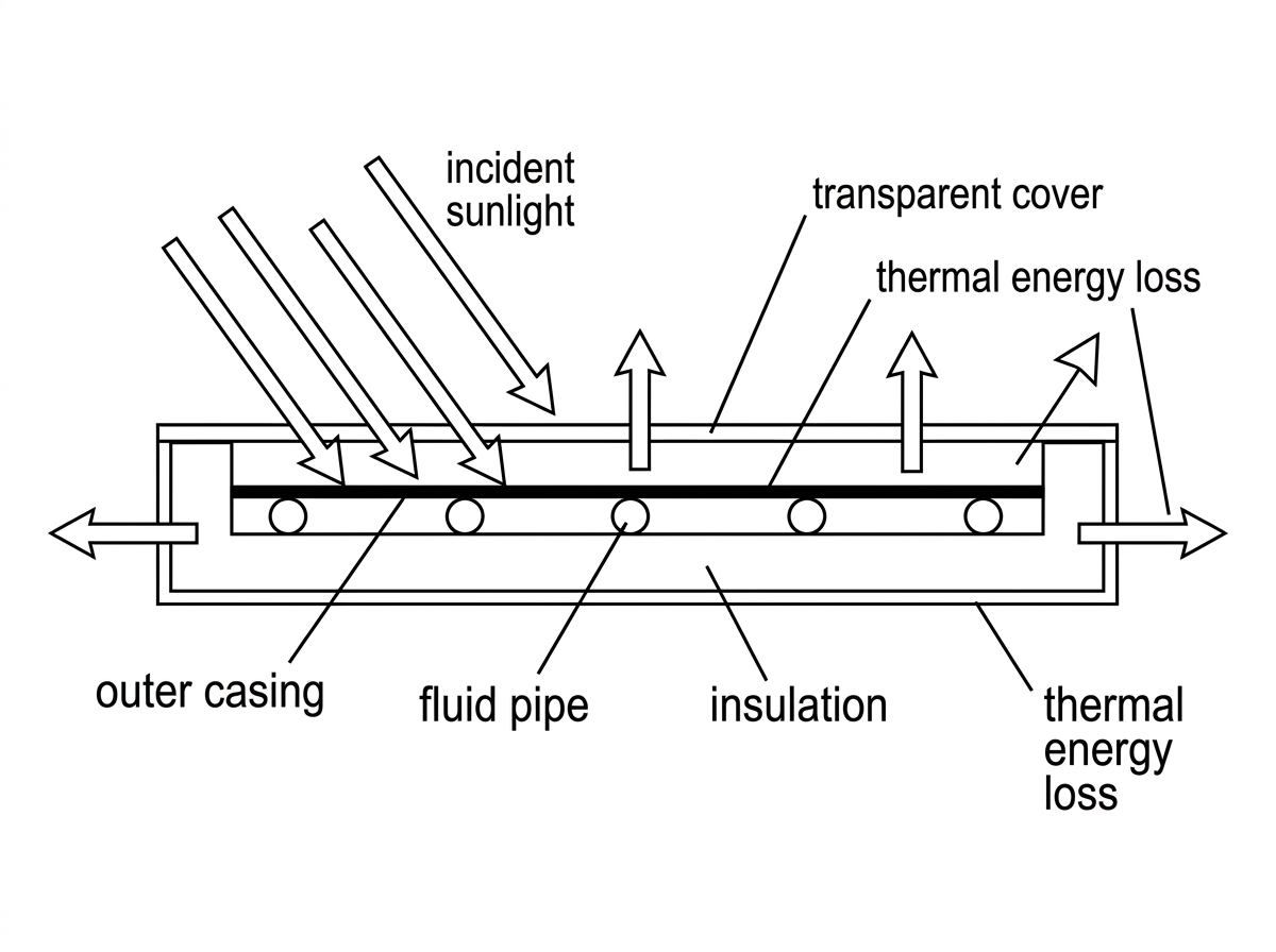 Cross-section of a flat solar collector with transparent cover, dark absorber plate, insulation underneath, pipes carrying fluid, incident sunlight and outgoing loss arrows.
