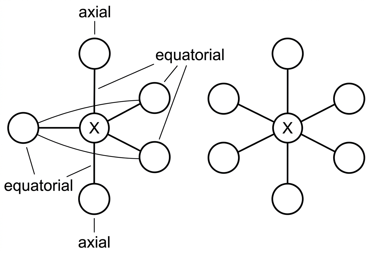 An unlabeled VSEPR reference diagram showing the positions available in trigonal bipyramidal and octahedral electron-domain arrangements. The trigonal bipyramidal arrangement distinguishes axial and equatorial positions. The octahedral arrangement shows six equivalent positions before lone pairs are considered. No molecular geometries for the named species are shown.