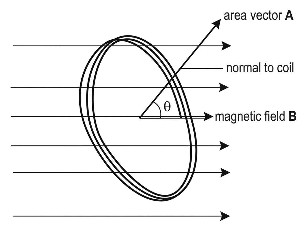 Diagram of a coil in a uniform magnetic field with the coil normal, angle to the field, area vector and field lines labelled.