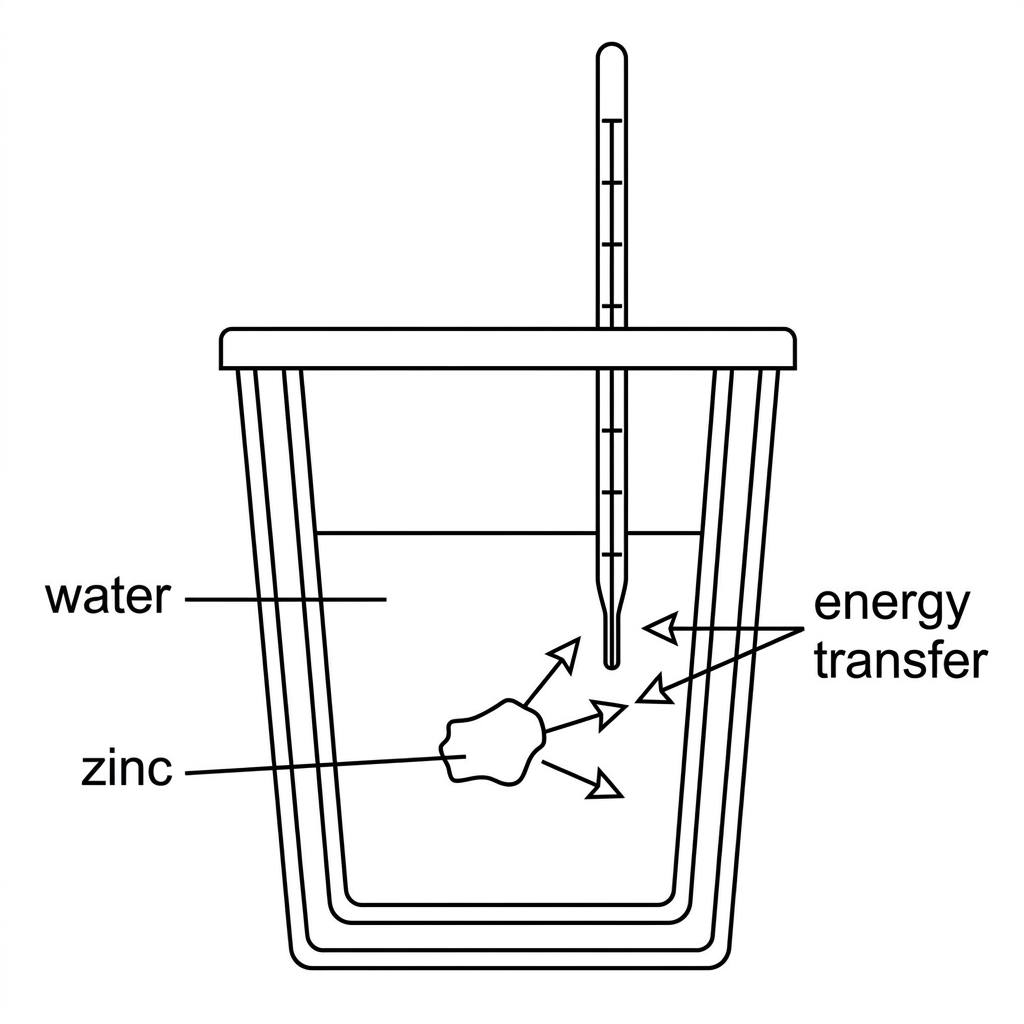 A labelled insulated cup containing water and a piece of metal, with a thermometer. Arrows should indicate energy transfer from the hot metal to the cooler water. The diagram should not contain numerical values.