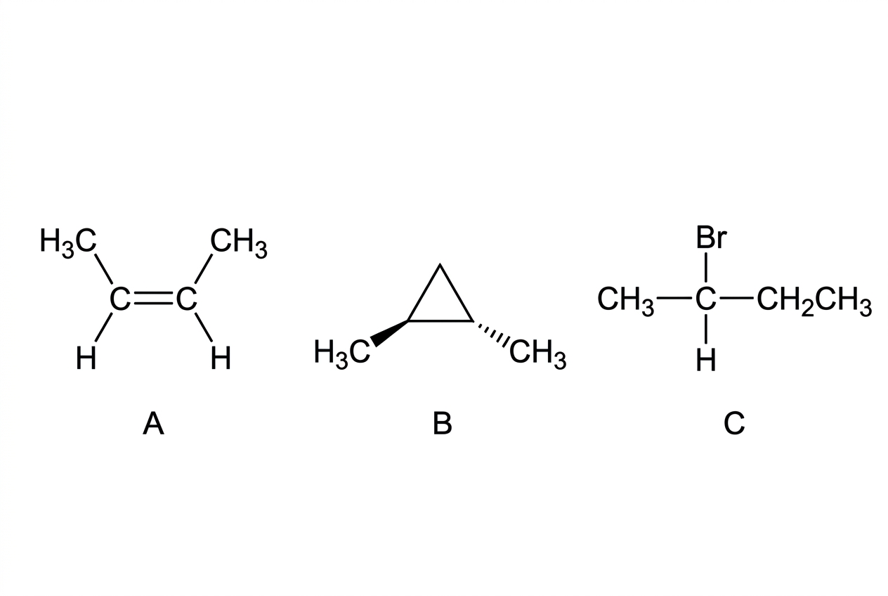 A panel showing three structures labelled A, B and C. A is but-2-ene drawn as a flat alkene with methyl groups on the same side of the double bond. B is 1,2-dimethylcyclopropane drawn as a triangular ring with one methyl substituent shown by a solid wedge and the other by a hashed wedge. C is a displayed formula with the central carbon bonded to Br, $CH_3$, $CH_2CH_3$ and $CH_2CH_3$.