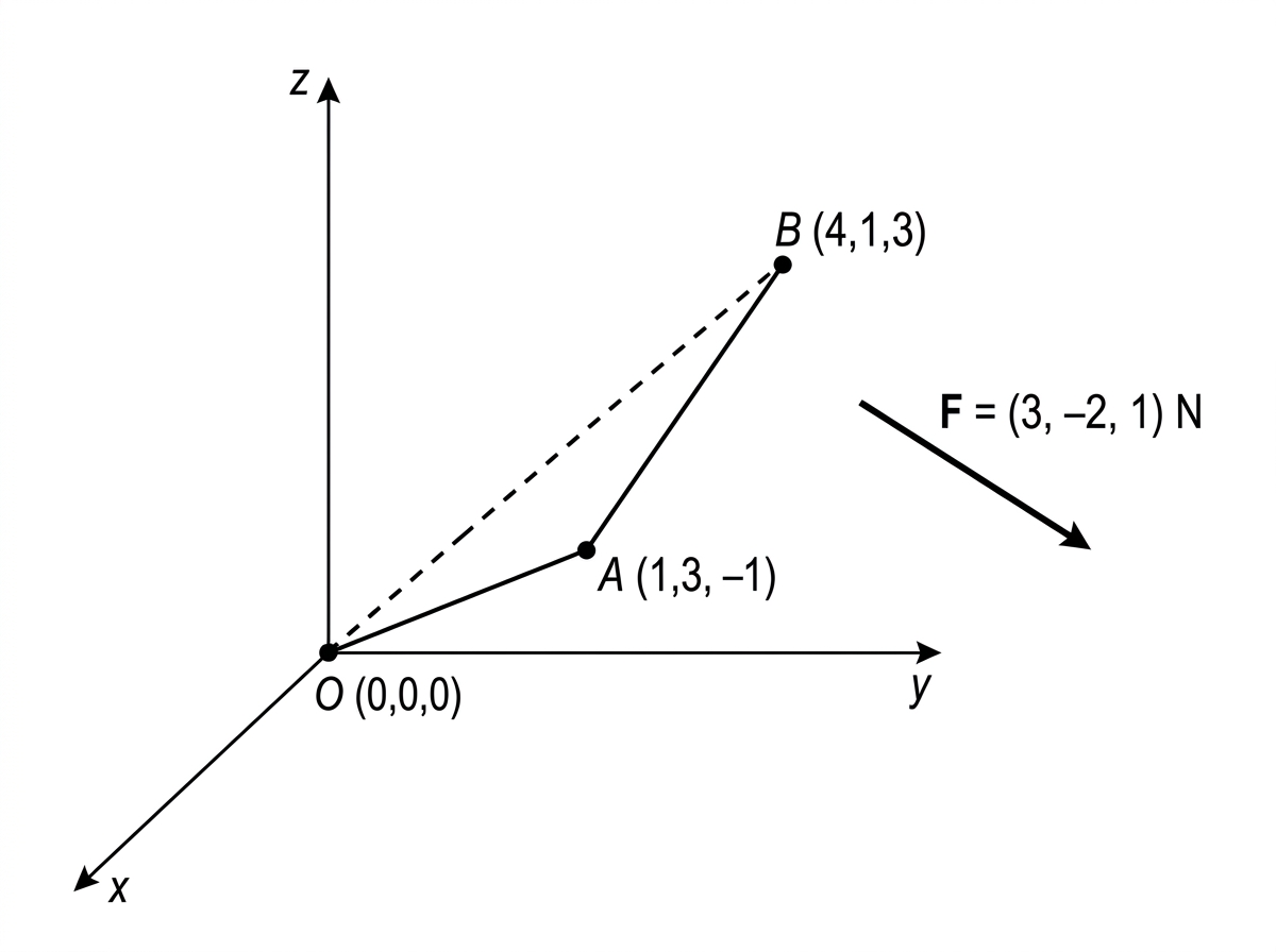 A schematic, not-to-scale three-dimensional illustration showing points O, A and B, a direct route from O to B, a two-segment route through A, and a constant-force arrow. Do not include coordinate axes or use the drawing to imply the directional meaning of the stated coordinates or force components.