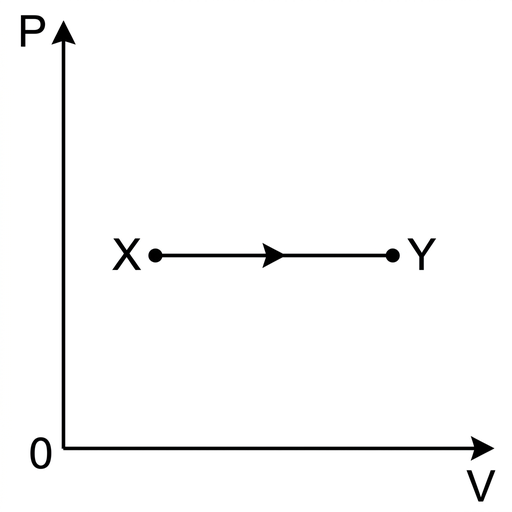 A pressure-volume graph with vertical axis labelled P and horizontal axis labelled V. State X and state Y are joined by a horizontal straight line directed to the right, showing increasing volume at unchanged pressure.