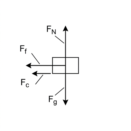 A simple free-body diagram of a car represented by a dot or small rectangle on a plain background. Show a vertical arrow downward labelled $F_g$, a vertical arrow upward labelled $F_N$, a horizontal arrow to the left labelled $F_f$, and an additional horizontal arrow to the left labelled $F_c$. The two horizontal arrows are visually similar and both point toward the centre.
