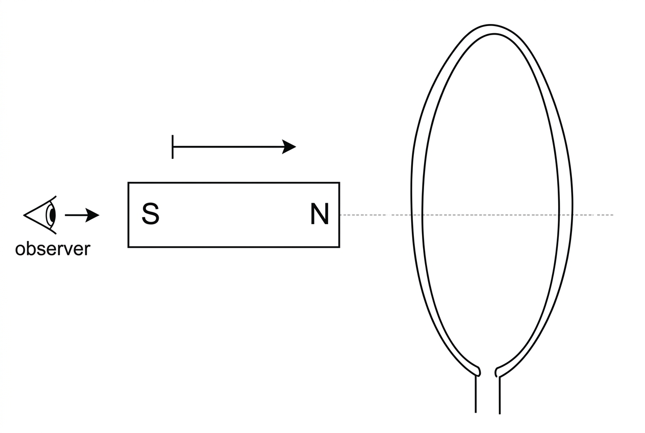 A bar magnet on the left with its north pole facing a circular conducting coil on the right. The magnet is moving to the right toward the coil along the shared horizontal axis. The view direction for judging clockwise or anticlockwise is indicated as looking from the magnet toward the coil.