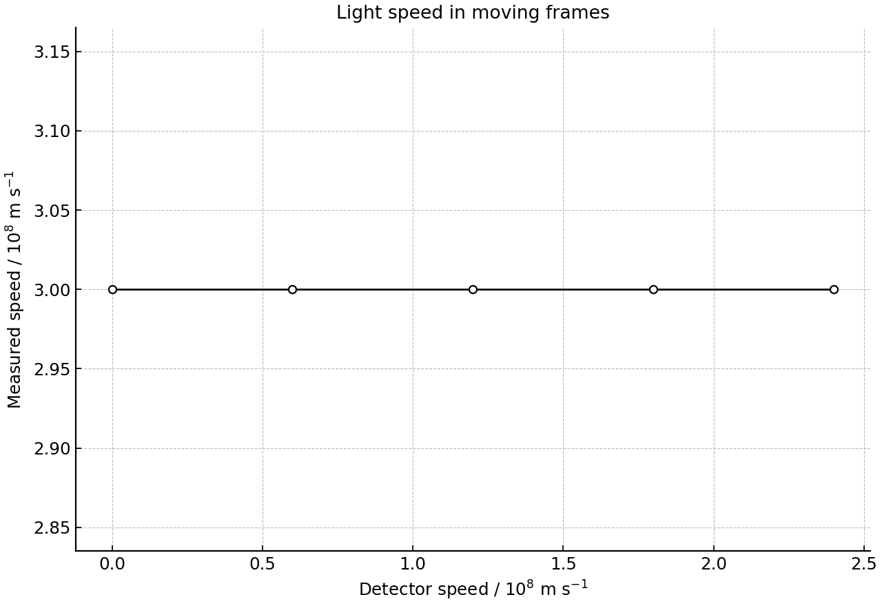 Measured speed of a light pulse in detector frames.