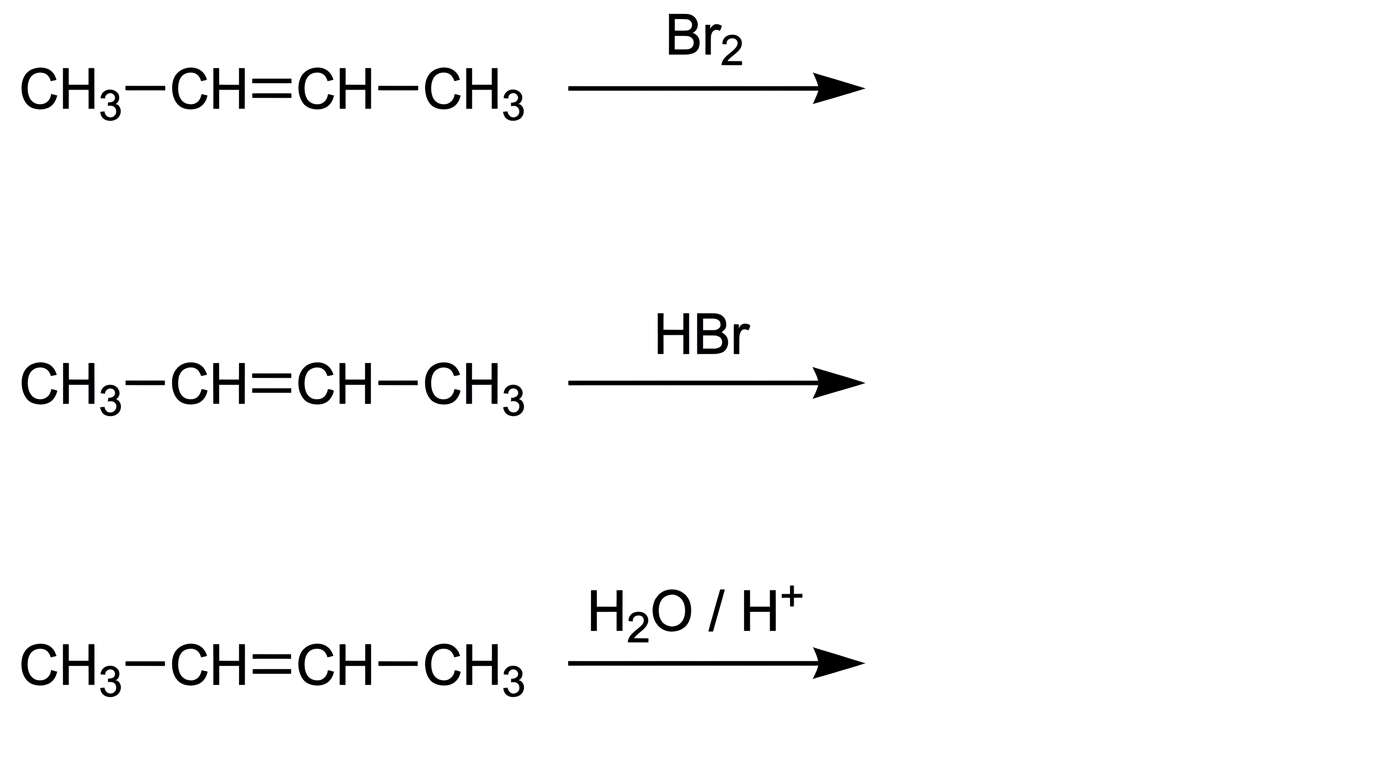 A reaction scheme showing but-2-ene as the alkene, with separate reagents Br2, HBr, and H2O/H+ shown. Include space beside the bromine reaction for a mechanism drawing, but do not show products, carbocations or curly arrows.