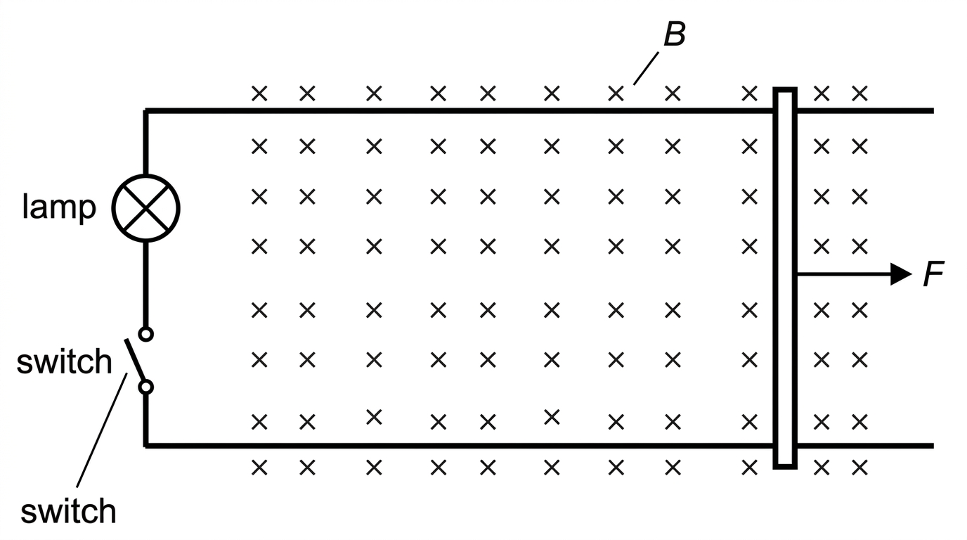 A simple rail-and-rod generator diagram. Two horizontal conducting rails are connected at one end to a lamp. A vertical conducting rod bridges the rails and is pulled to the right by an external force arrow. Uniform magnetic field symbols fill the region between the rails. A switch in series with the lamp is shown open in the second condition.