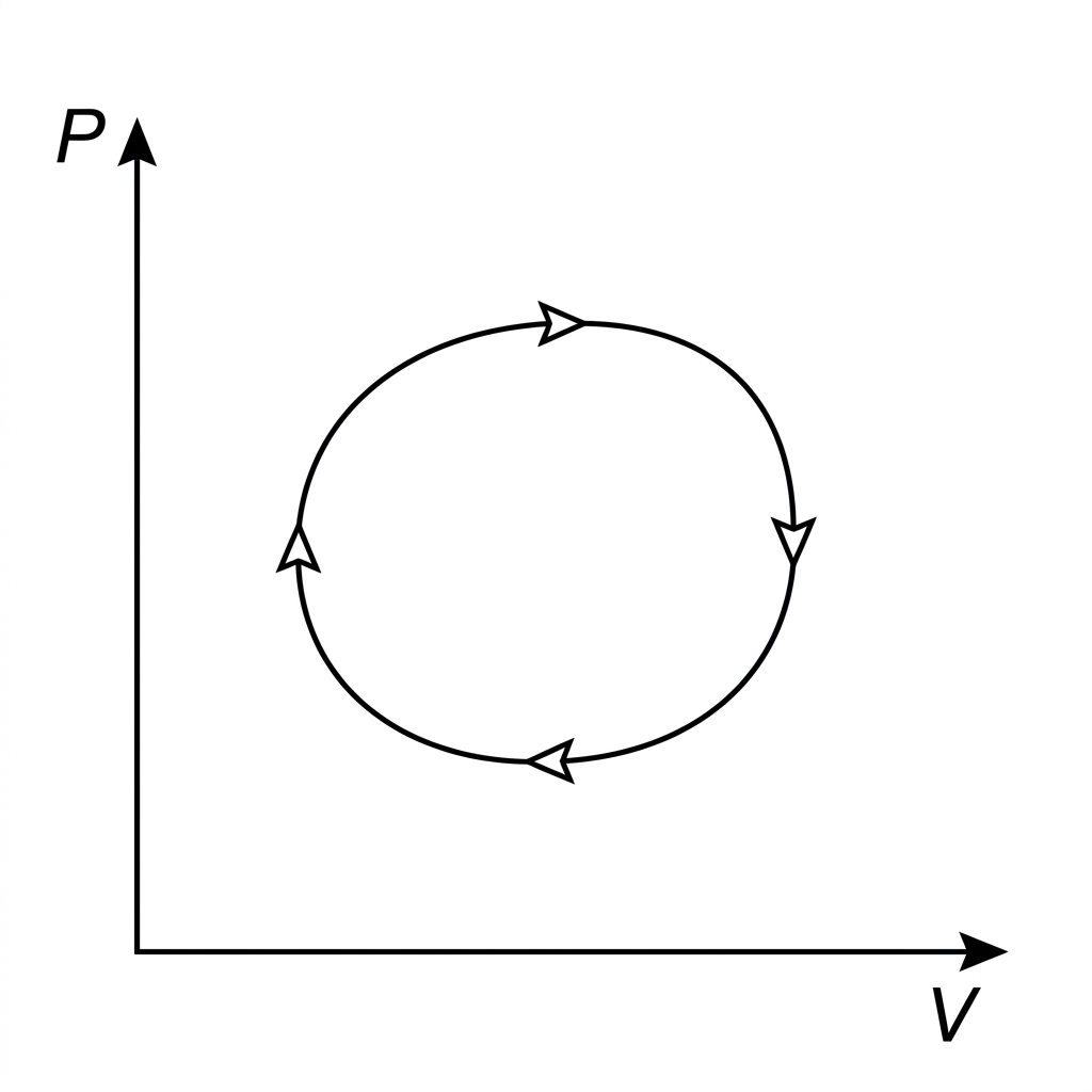 A generic clockwise closed loop on pressure–volume axes with arrows around the loop and no numerical scale.