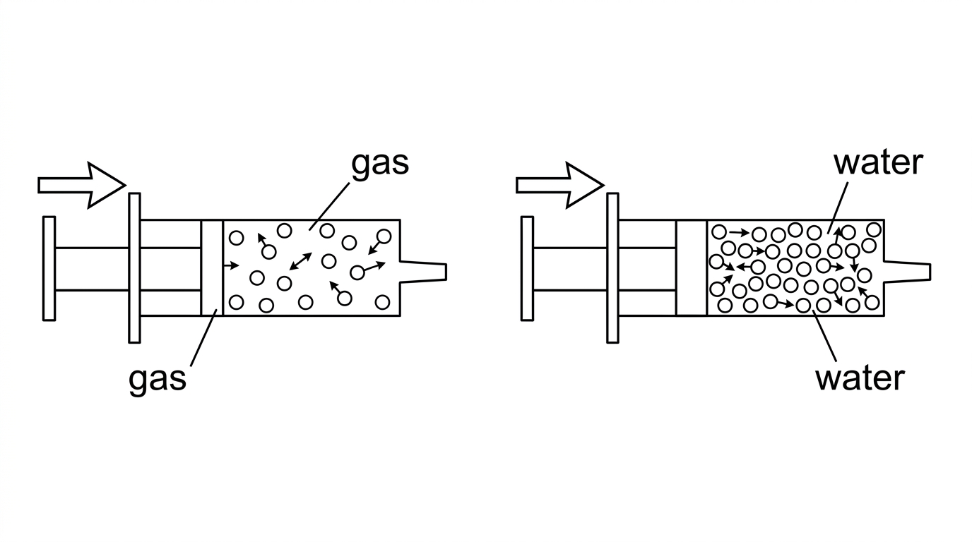 Two side-by-side syringes with plungers. One syringe is labelled gas and shows particles widely spaced; the other is labelled water and shows particles close together. Arrows show equal pushing forces on both plungers. The particle drawings do not show any change in chemical identity.