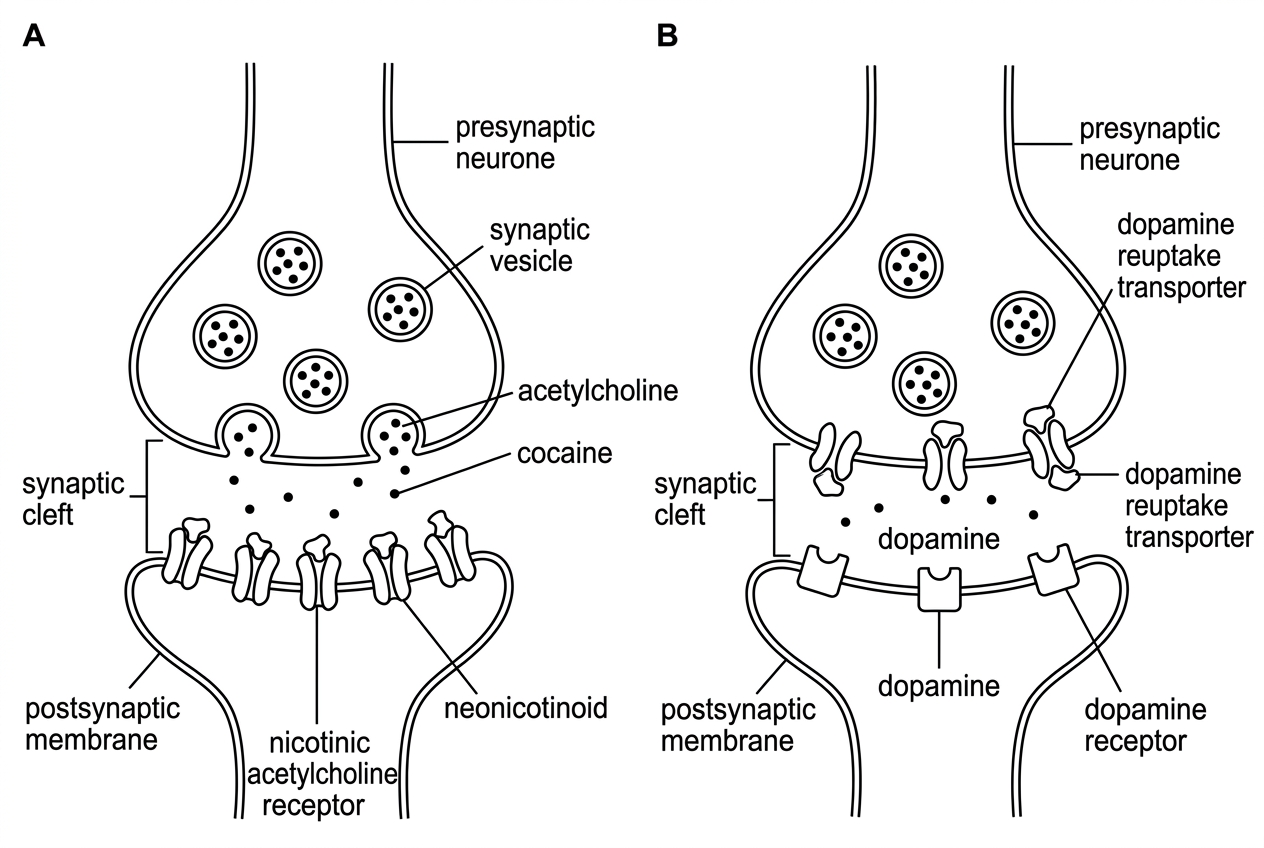 A two-panel synapse diagram. Panel A shows an acetylcholine synapse with neonicotinoid molecules binding to nicotinic acetylcholine receptors on the postsynaptic membrane. Panel B shows a dopamine synapse with dopamine in the synaptic cleft and blocked dopamine reuptake transporters in the presynaptic membrane. The diagrams should show locations of action but not state the physiological outcomes.