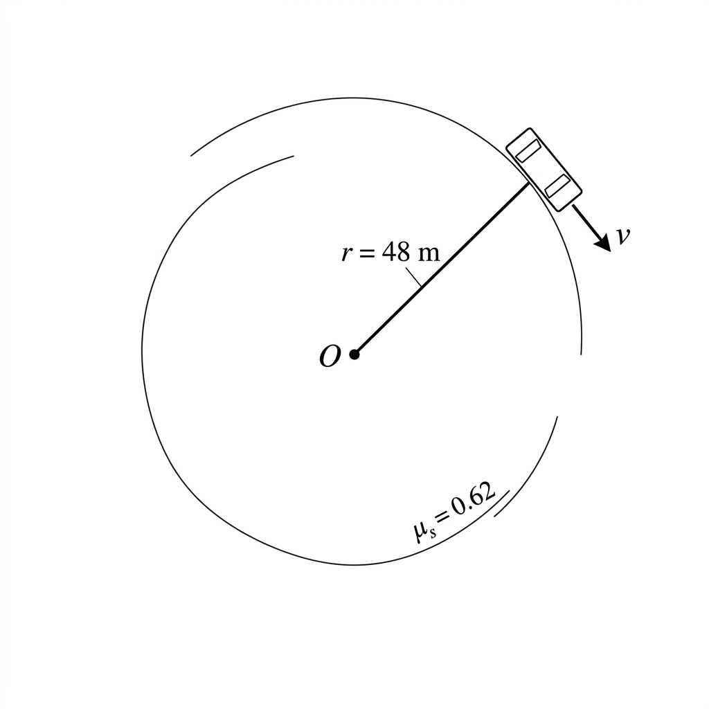 A top-view diagram of a car on a flat circular bend. The centre of the circular path is marked, the radius from the centre to the car is shown, and the car velocity is tangent to the path. The diagram should not show the required friction force.