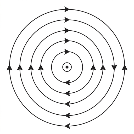 A black-and-white diagram showing a central wire as a circle with a dot symbol indicating current out of the page. Several concentric circular magnetic field lines are centred on the wire. Arrowheads on all circles show an anticlockwise direction. Field-line spacing increases slightly with distance from the wire. Styling is simple and comparable to the other options.