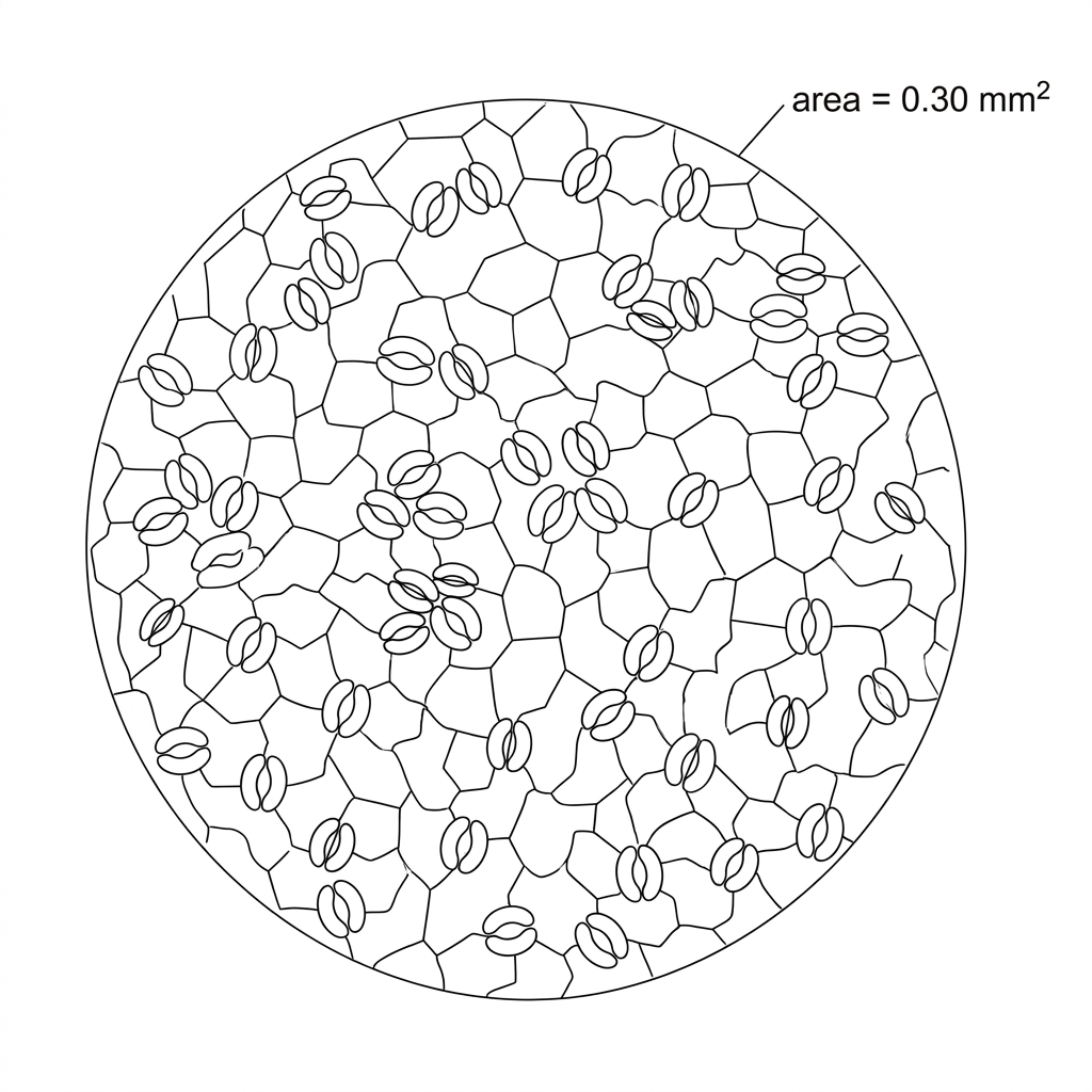 A microscope view of a leaf epidermal surface cast showing stomata with paired guard cells distributed across the field of view; the field boundary and area label are shown, but the drawing does not state the calculated density.