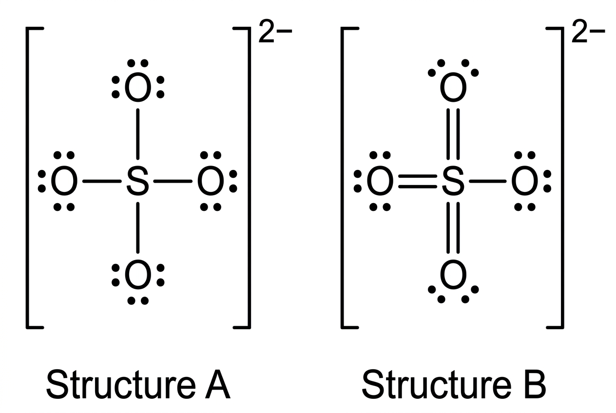 Two labelled Lewis structures for the sulfate ion placed side by side. Structure A shows central sulfur bonded by four single bonds to four oxygen atoms, with lone pairs shown on oxygen atoms. Structure B shows central sulfur bonded to four oxygen atoms, with three sulfur-oxygen double bonds and one sulfur-oxygen single bond, with lone pairs shown. The overall ion charge is shown outside brackets for each structure. No formal charges are printed on atoms.