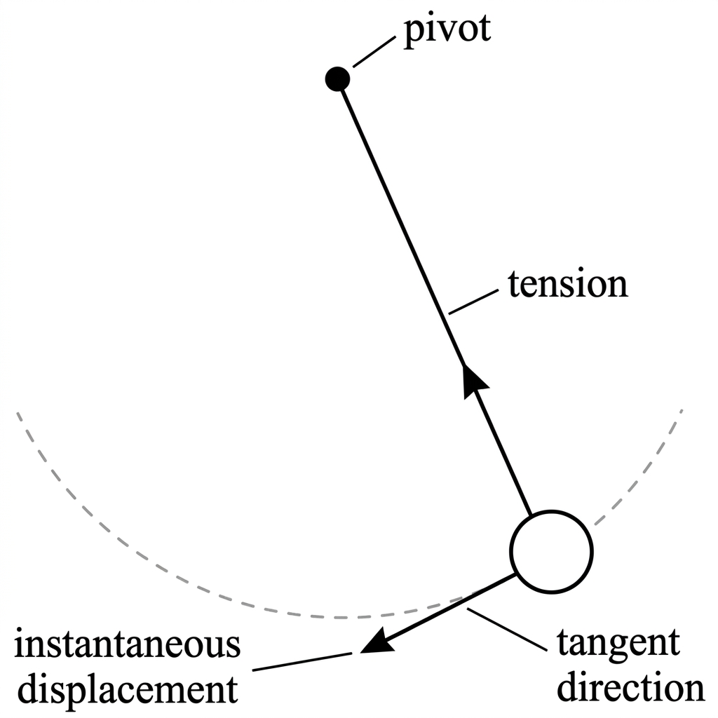 Pendulum bob at an intermediate point on its arc showing tension towards pivot and instantaneous displacement/tangent direction.