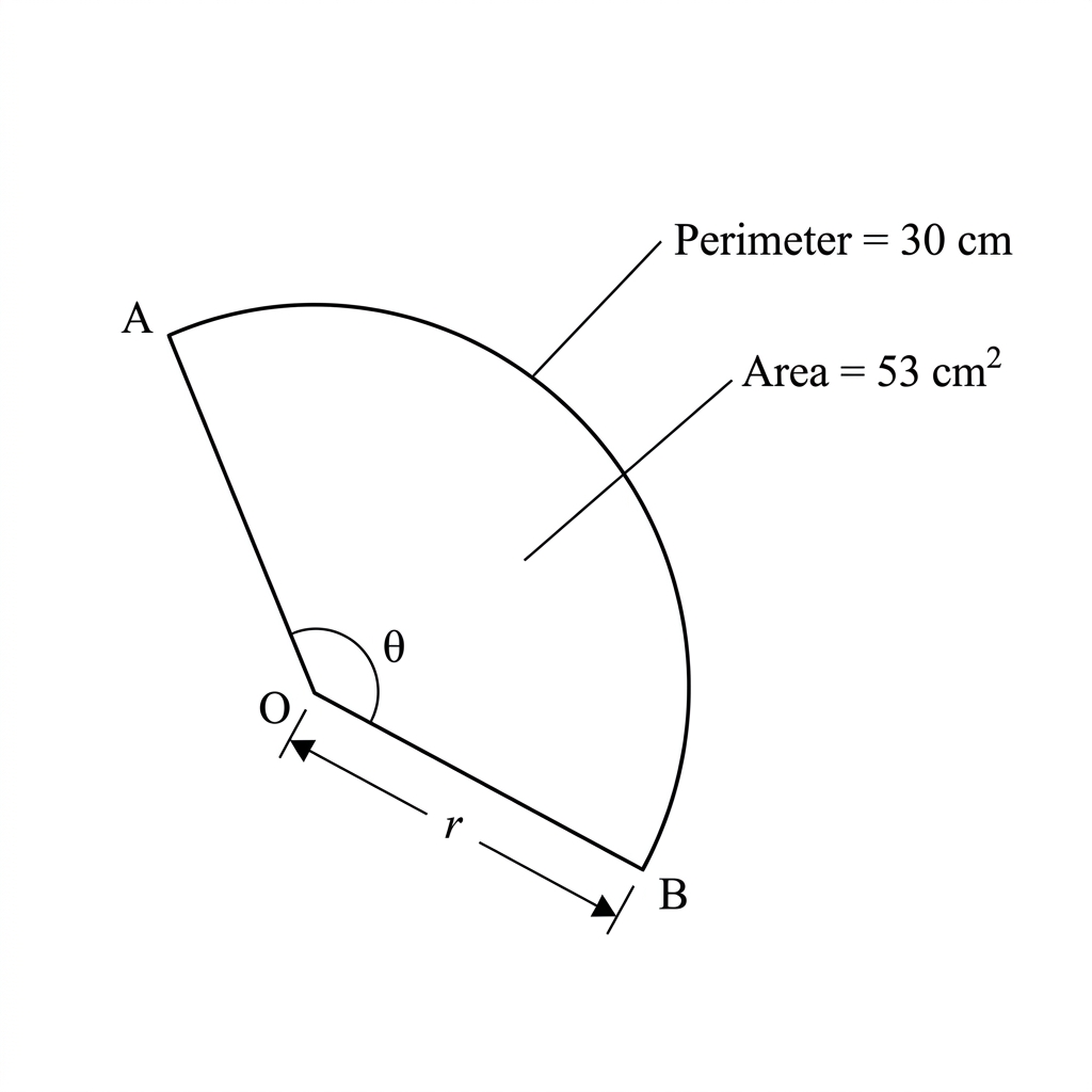 A circular sector with radius r and central angle theta. The two radii and the arc are visible, with labels indicating the sector perimeter and area are given.