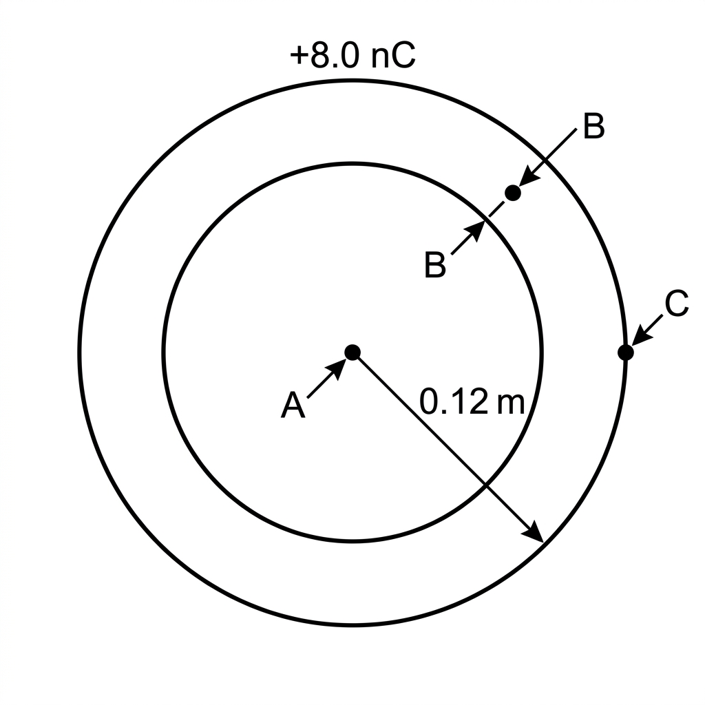 A cross-sectional diagram of a charged hollow conducting sphere. The outer radius is labelled $0.12\ \text{m}$ and the sphere is labelled total charge $+8.0\ \text{nC}$. Points A at the centre of the cavity, B on the conducting material, and C outside the sphere are marked. No equipotential lines or field lines are drawn.