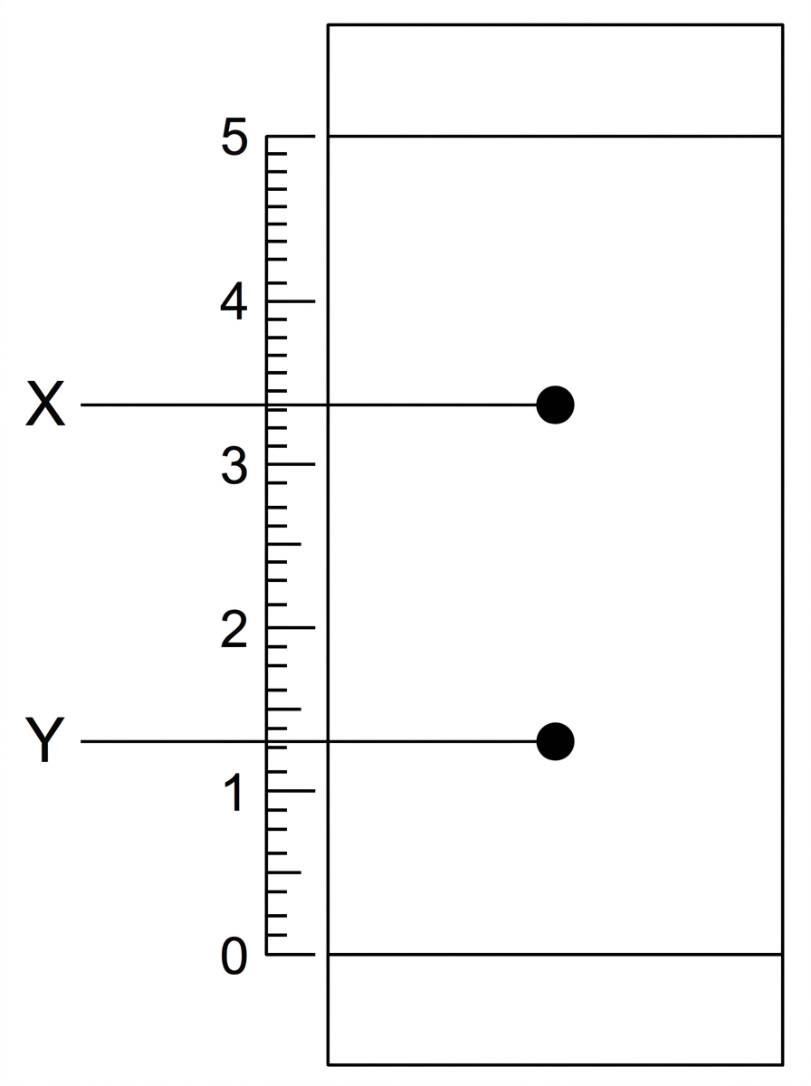 A TLC plate diagram with a horizontal pencil baseline near the bottom, a horizontal solvent front near the top, and two labelled spot centres X and Y on the same lane. Spot X must be higher than spot Y. The diagram must show enough scale or distance information from the baseline to allow calculation of the retardation factor, but must not display any calculated $R_F$ values.