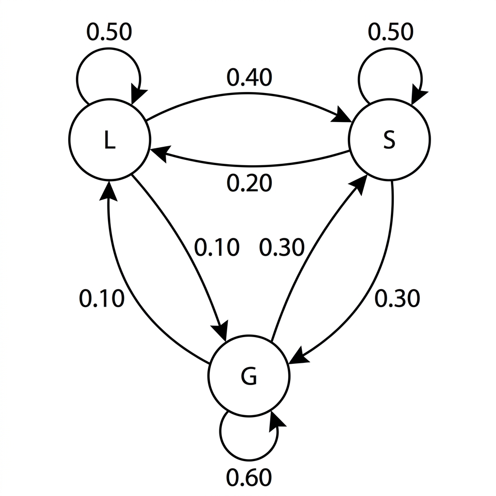 A transition diagram with three nodes L, S and G and directed arrows for every transition, labelled using the probabilities in the matrix.
