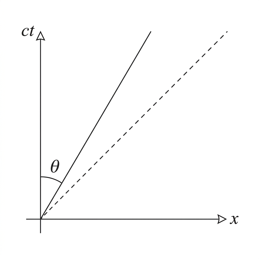 A spacetime diagram with horizontal axis labelled x and vertical axis labelled ct. A straight world line starts at the origin and is tilted to the right of the ct-axis. The angle between the world line and the ct-axis is labelled theta. A separate dashed 45-degree photon line is shown for comparison but is not labelled with a speed.