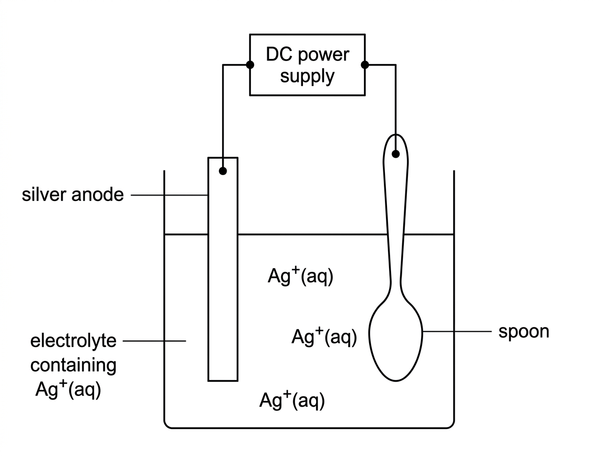 Electroplating apparatus with DC power supply, silver anode, spoon electrode, and aqueous electrolyte containing Ag+ ions; electrode polarities are not labelled.