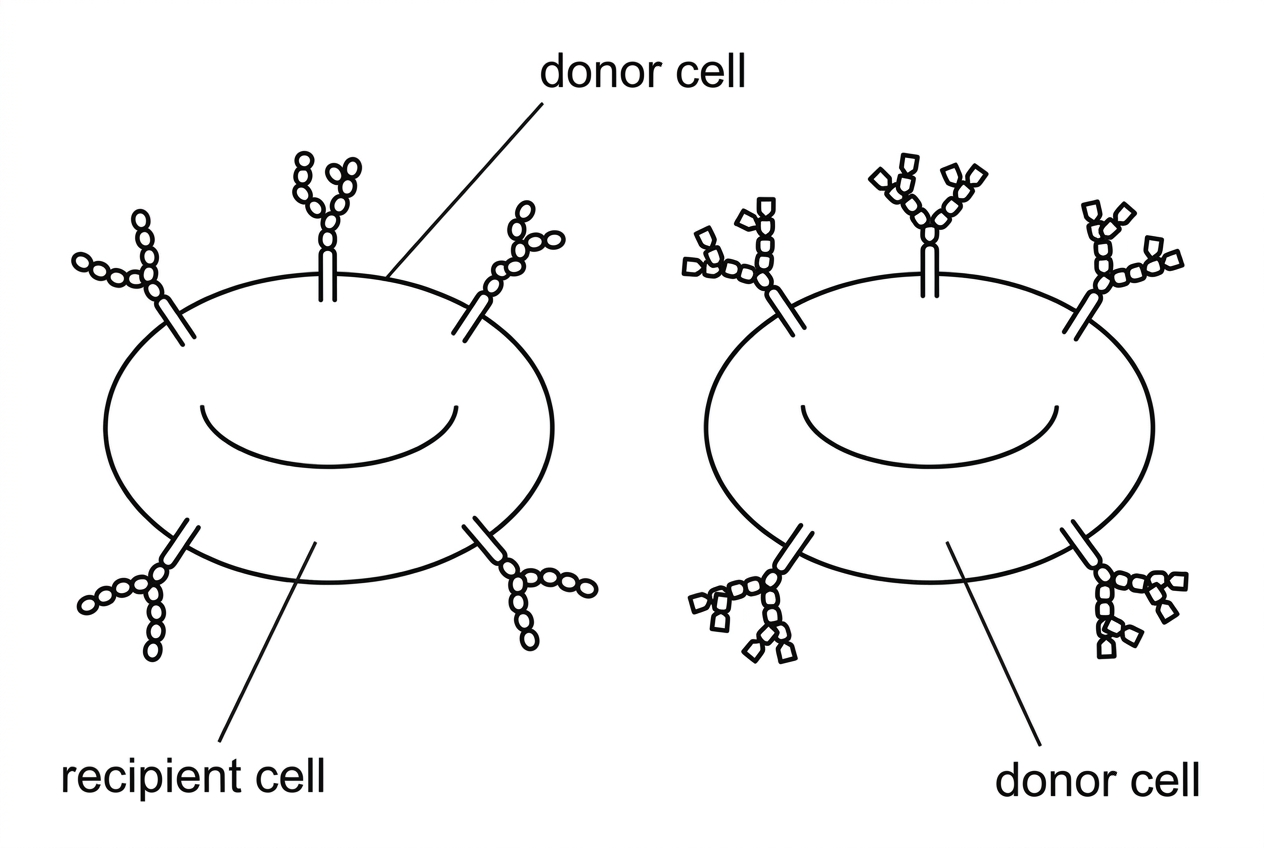 A diagram of two red blood cells with different surface glycoprotein carbohydrate chains. One cell is labelled recipient cell and the other donor cell. The terminal carbohydrate shapes on the two cells differ, but the ABO letters and immune response are not labelled.