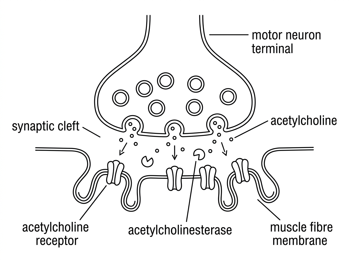 A neuromuscular junction showing the motor neuron terminal, synaptic cleft, acetylcholine molecules, acetylcholine receptors in the muscle fibre membrane, and acetylcholinesterase in the cleft. The visual should distinguish the neuron and muscle fibre but not label the postsynaptic potential as excitatory.