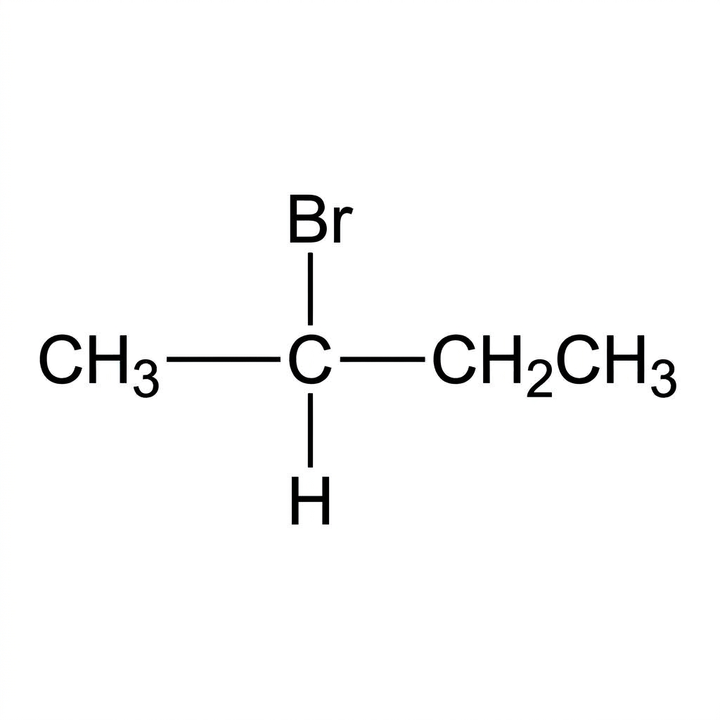 A clean wedge-dash representation of 2-bromobutane showing a single chiral center at C-2 bonded to Br, H, CH3 and CH2CH3 only; one bond is a solid wedge and one is a hashed wedge. The chiral carbon is not labelled.