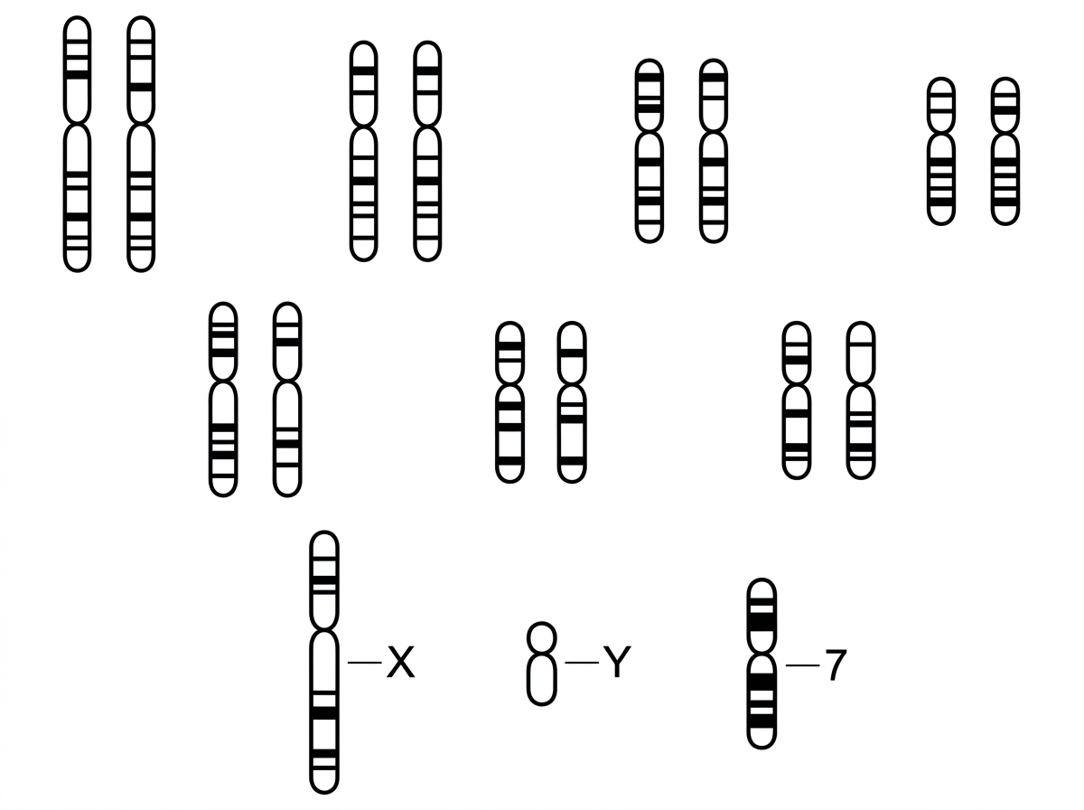 Simplified karyogram with several homologous chromosome pairs and three labelled chromosomes X, Y and 7; chromosomes should show differences in length, centromere position and banding pattern without indicating answers directly.