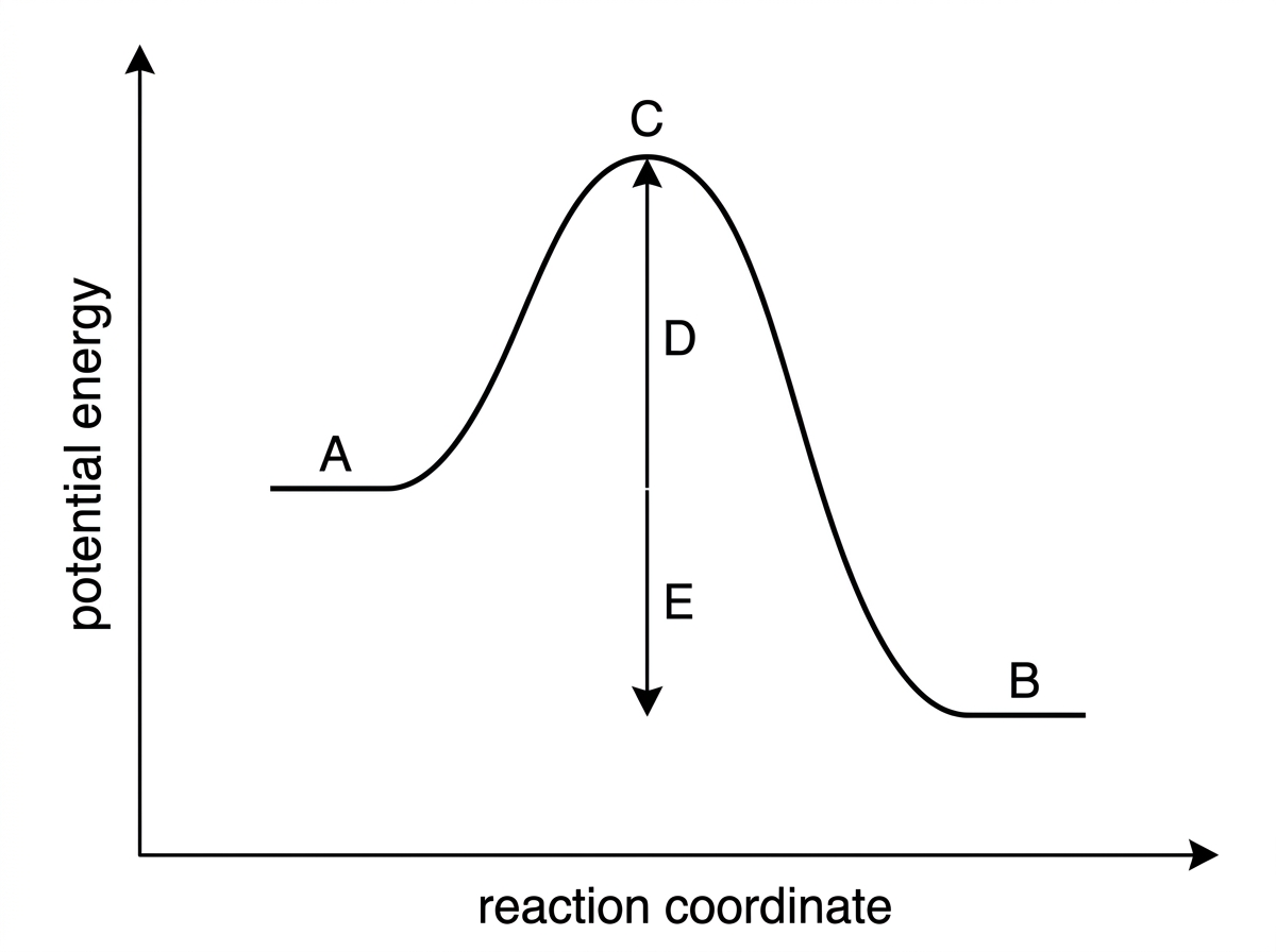An energy profile diagram with potential energy on the vertical axis and reaction coordinate on the horizontal axis. Reactants, products, peak of the curve, activation energy arrow, and enthalpy change arrow are labelled with letters but not named. Products should be at a lower potential energy than reactants.