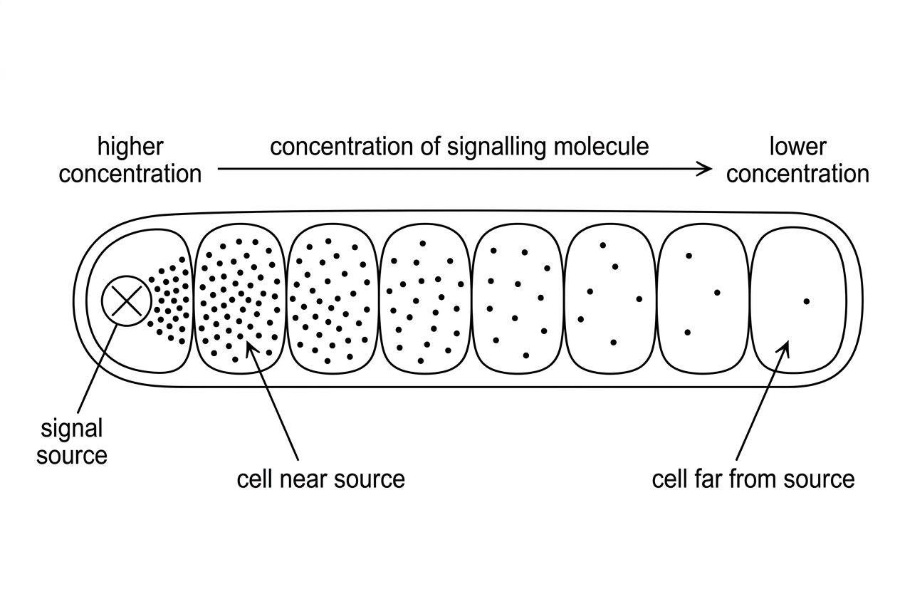 A simple diagram of an early embryo represented as a row or cluster of similar unspecialized cells. A signalling source is shown at one end, with shading or arrows indicating a concentration gradient decreasing across the embryo. Cells nearer and farther from the source are indicated but not named by fate.