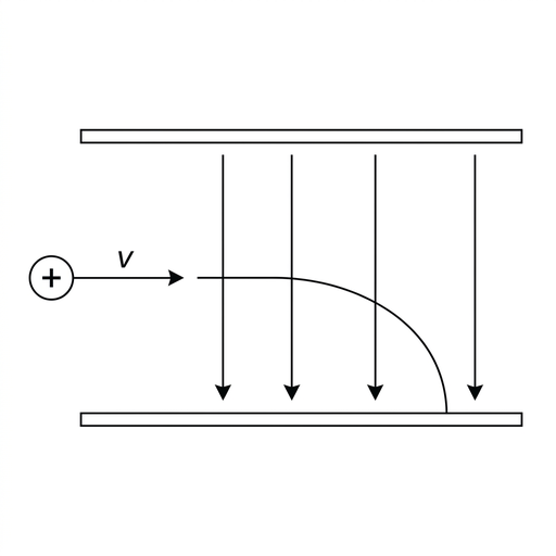 A small option diagram showing two parallel horizontal plates, a positive ion entering from the left midway between them with a horizontal velocity arrow, and a circular arc bending downward as it travels to the right. The electric field direction is indicated by several downward arrows between the plates.