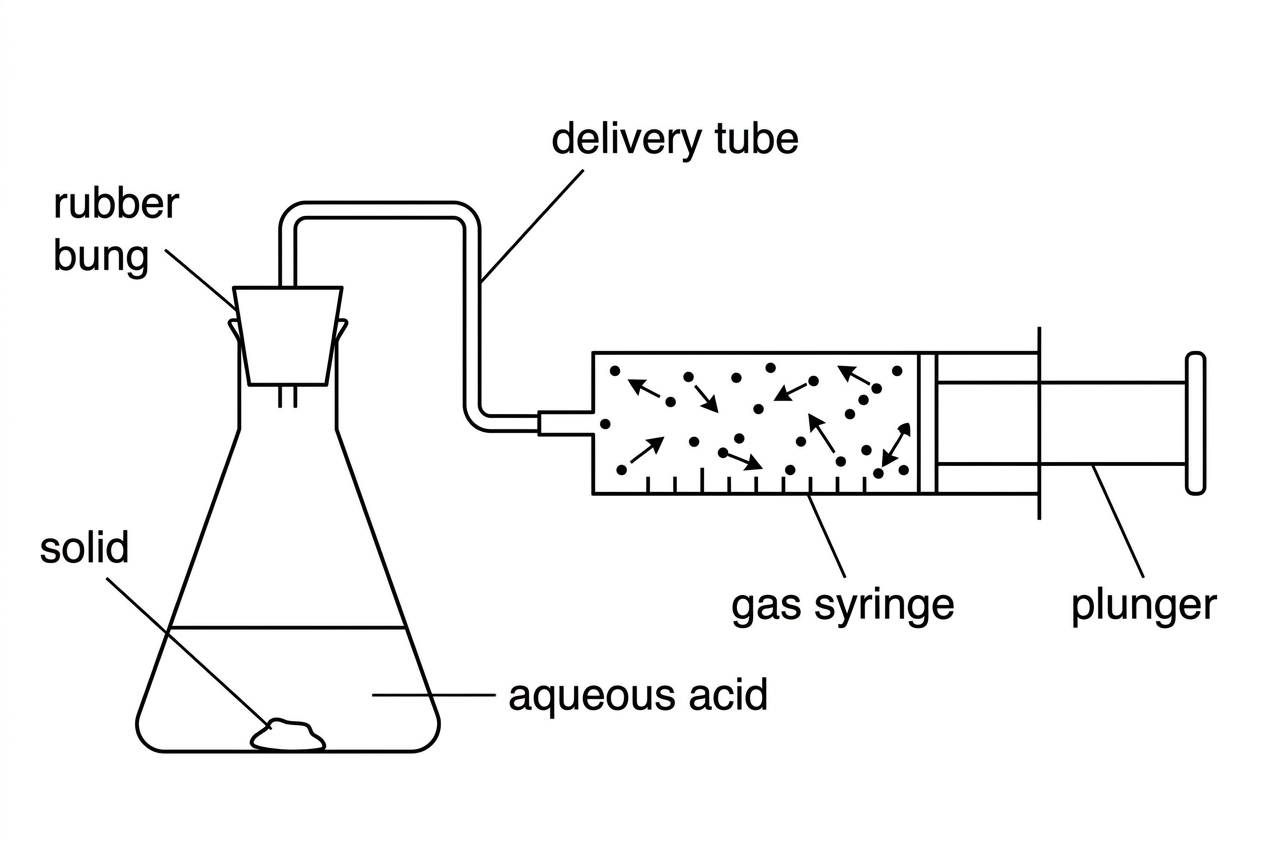 A conical flask containing a solid and an aqueous acid connected by delivery tubing to a gas syringe. The syringe plunger moves outward as gas is collected. Particles in the gas syringe are represented as widely spaced dots with random arrows. No equation or state symbols are shown.