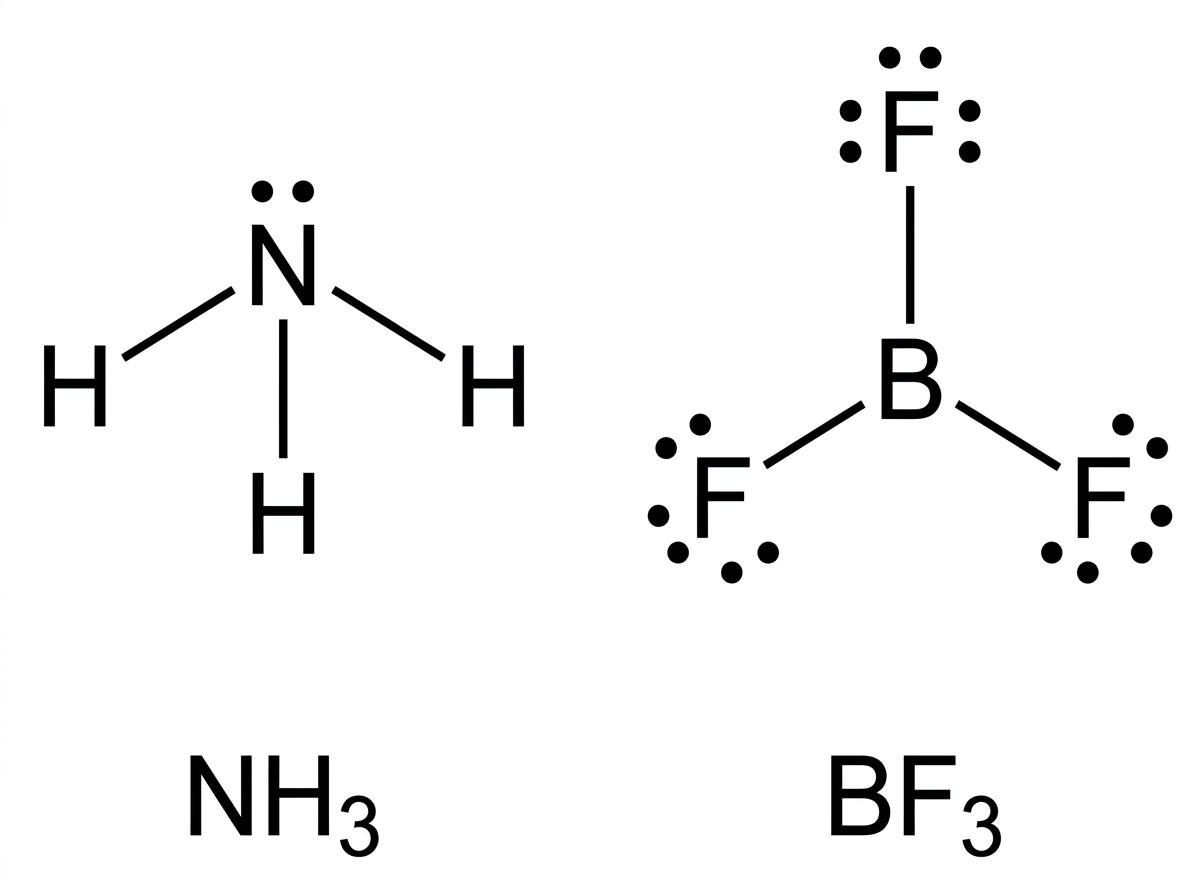 A Lewis-style diagram showing separate molecules of ammonia and boron trifluoride before reaction. Ammonia has nitrogen bonded to three hydrogens with one lone pair on nitrogen. Boron trifluoride has boron bonded to three fluorine atoms in a trigonal planar arrangement; lone pairs on fluorine atoms may be indicated, and boron is shown with fewer than eight electrons. No product structure or coordination arrow is shown.