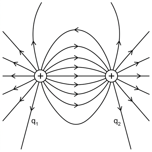 A visually comparable field-line diagram with two identical positive point charges separated horizontally. Several field lines are drawn directly connecting the two charges across the gap, with arrows from the left charge toward the right charge. Some outer lines radiate outward. The style, line thickness, labels and scale match the other options.