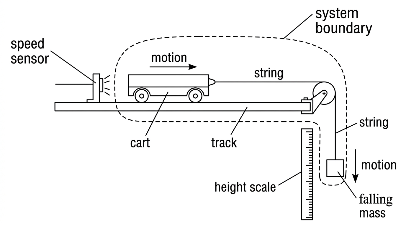 Cart on a track connected by a string over a pulley to a falling mass; sensors for speed and height shown, with system boundary indicated.