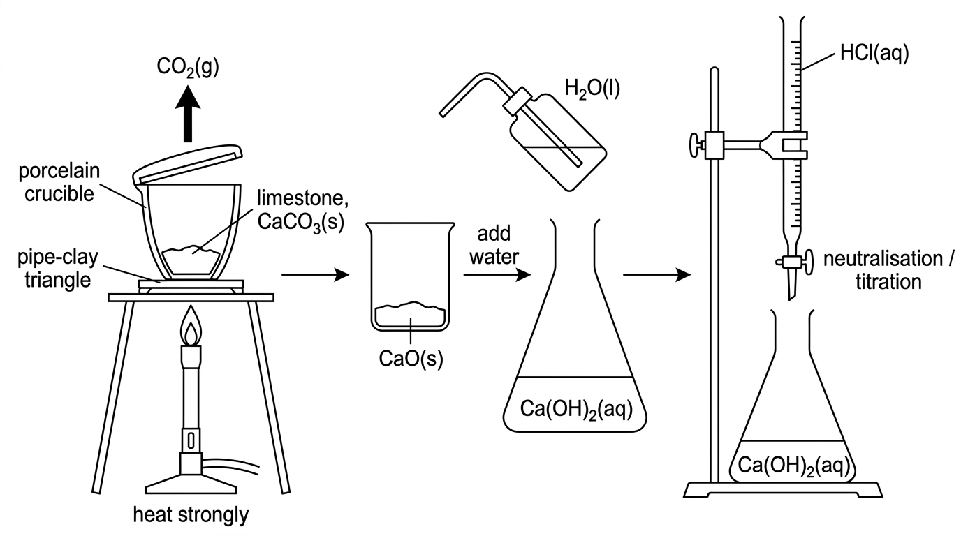 A reaction sequence diagram showing limestone heated in a crucible to give solid residue and carbon dioxide gas, followed by addition of water to the residue and titration/neutralisation with hydrochloric acid. Labels show the chemical processes but no calculated masses or volumes.